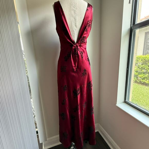 Decked Out Red Satin Maxi Dress Velvet Flocked Floral 90s Inspired - Picture 6 of 7